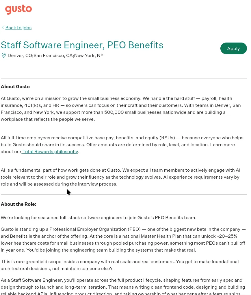 Screenshot of Gusto's Staff Software Engineer, PEO Benefits job posting