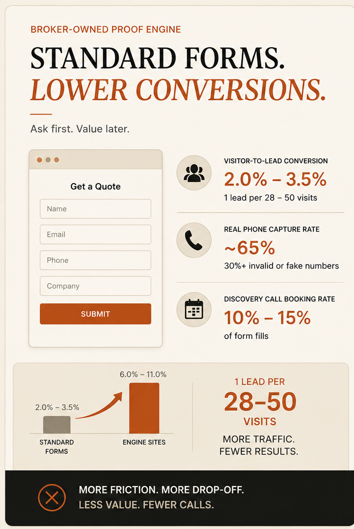 Standard forms: 2.0%–3.5% visitor-to-lead conversion, about 65% real phone capture with 30%+ fake numbers, 10%–15% discovery call booking rate from form fills. Ask first, value later. More friction, more drop-off, less value, fewer calls.