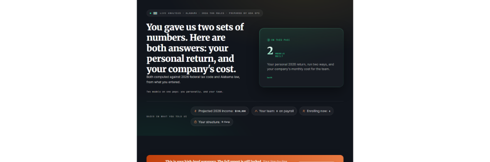 PEO Tools report preview showing headline savings number - free to the visitor, no form required