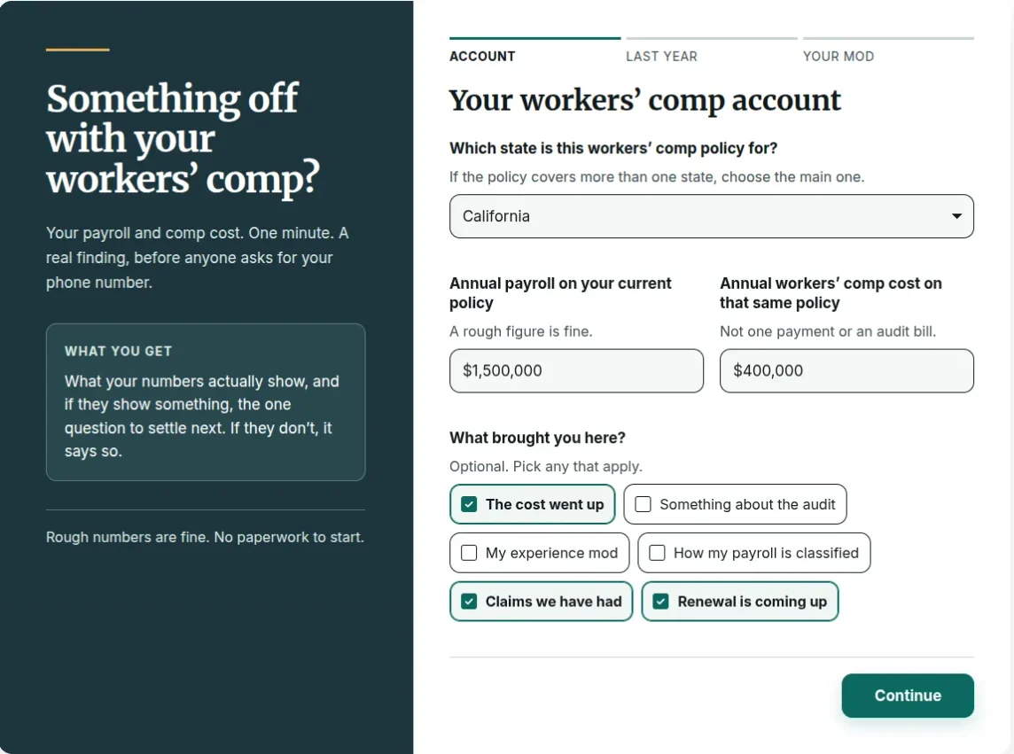 Workers’ comp check on a broker’s own site, California policy, with annual payroll and comp cost entered